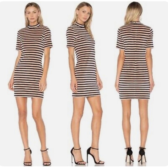 T Alexander Wang Velour Stripe Short Sleeve Stretch Dress SZ S Peach Navy - Picture 1 of 7